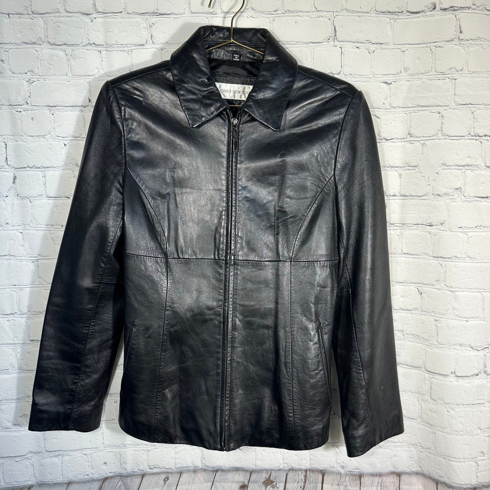 Jones‎ New York Black Genuine Leather Zip Up Jacket Collared 39020 Medium FLAW
